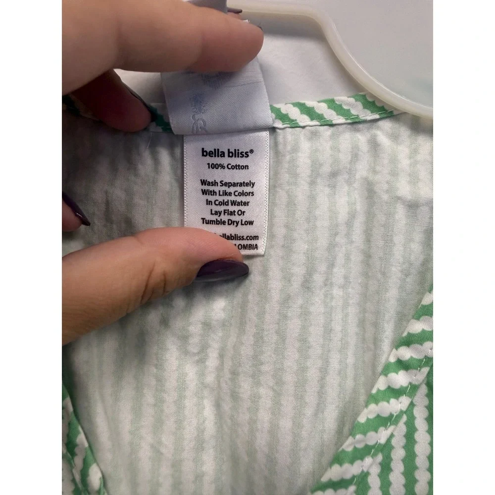 Bella Bliss Girls Green White Cotton Stripe Dress Tie Front Size 6